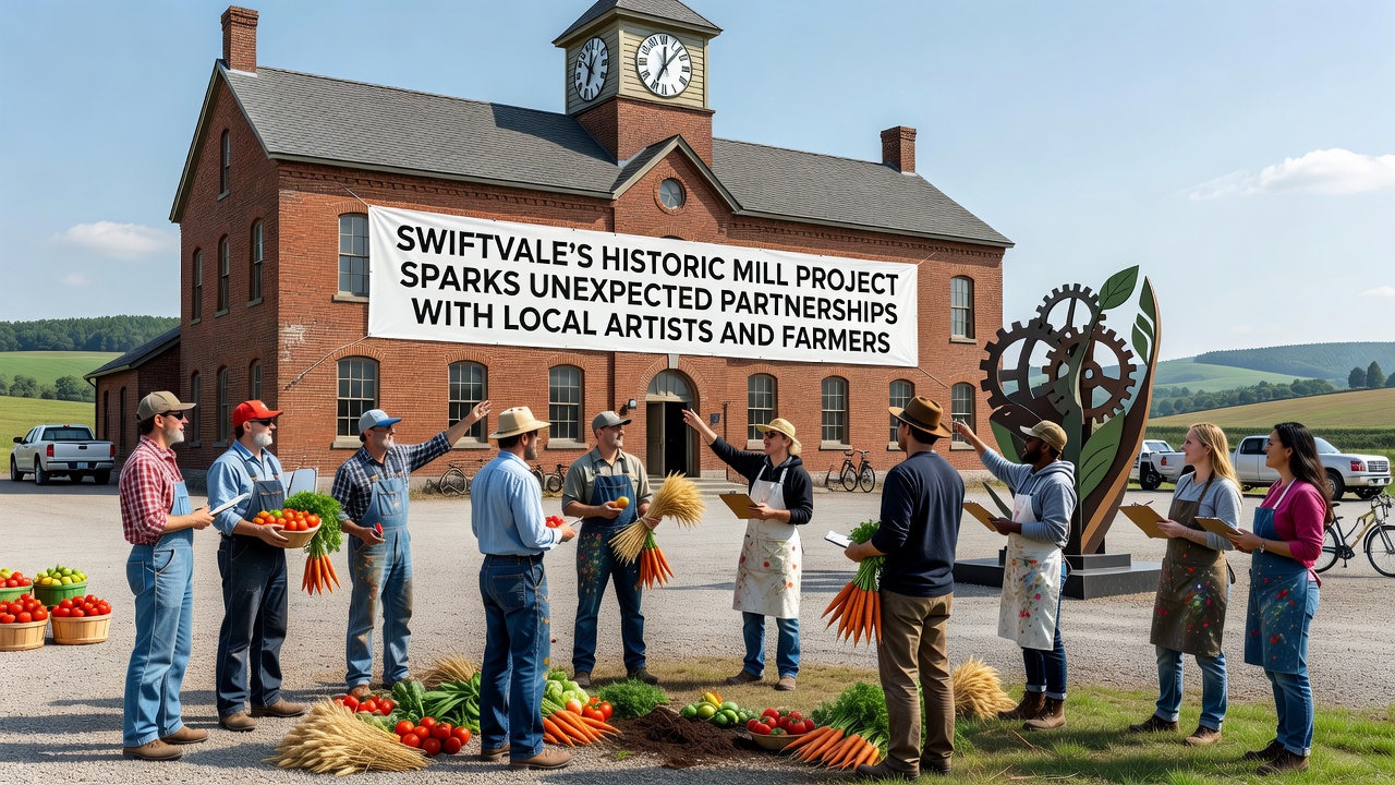 Interior of the mill showing collaborative art pieces made from farm materials alongside restored machinery