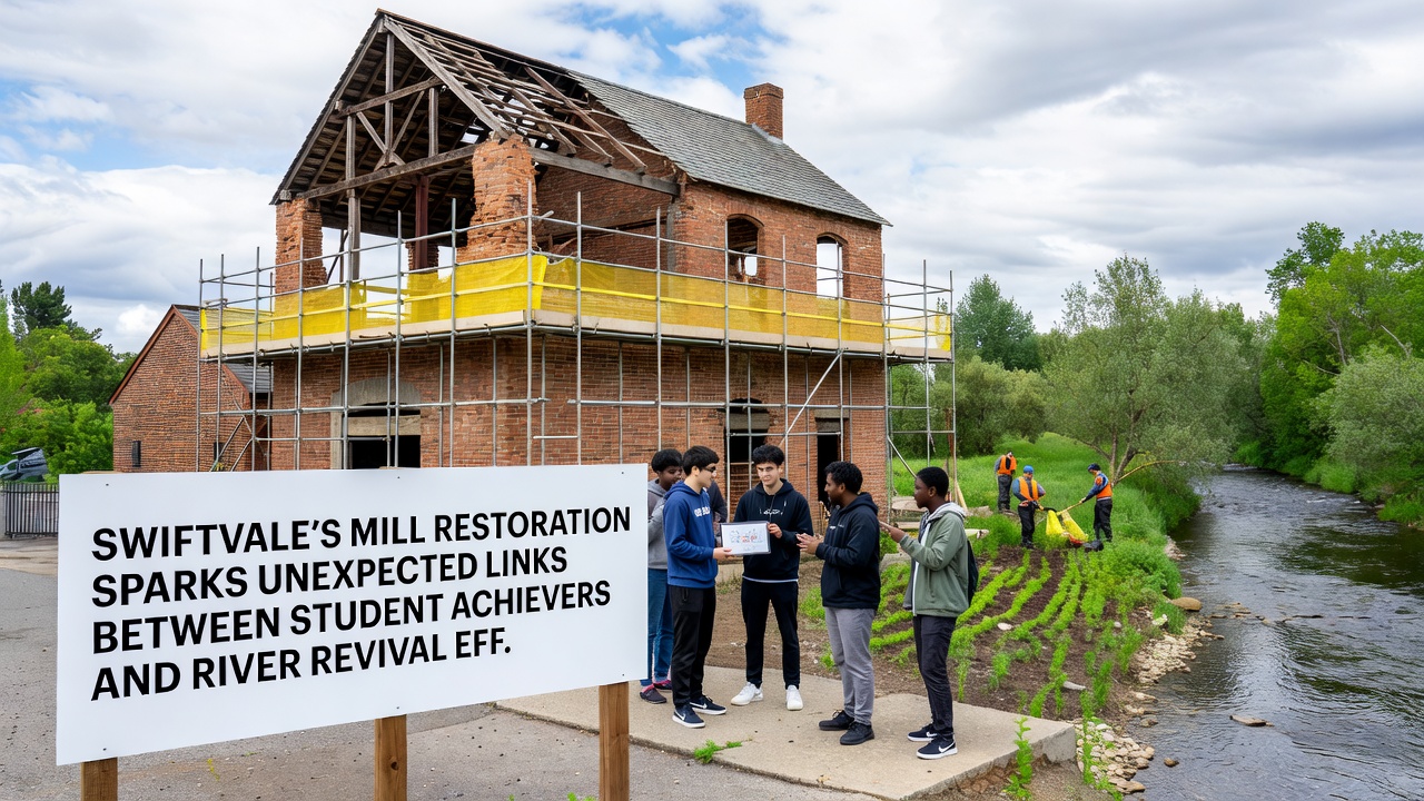 Group of students collecting river water samples near the restored mill during an October 2026 event